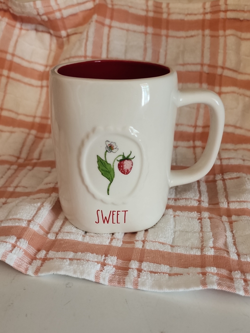 Rae Dunn White 'Sweet' Strawberry Ceramic Mug with Red Interior